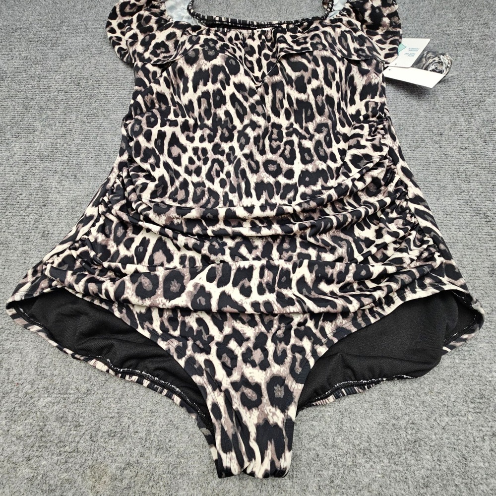 Swim Solutions Swimsuit Women 20W Black Multi Leopard Off Shoulder Tummy Control - Picture 3 of 11